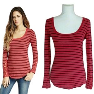 Free People Stripe Tuscaloosa Hard Candy Embroidered Cuff Long Sleeve Top XSmall